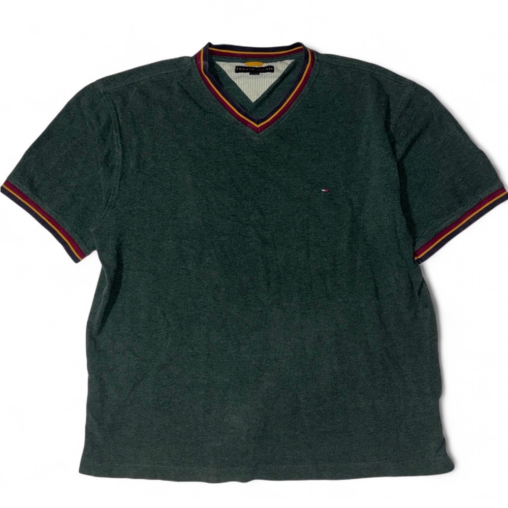 Tommy Hilfiger Dark Green V-Neck Tee with Multicolor Trim